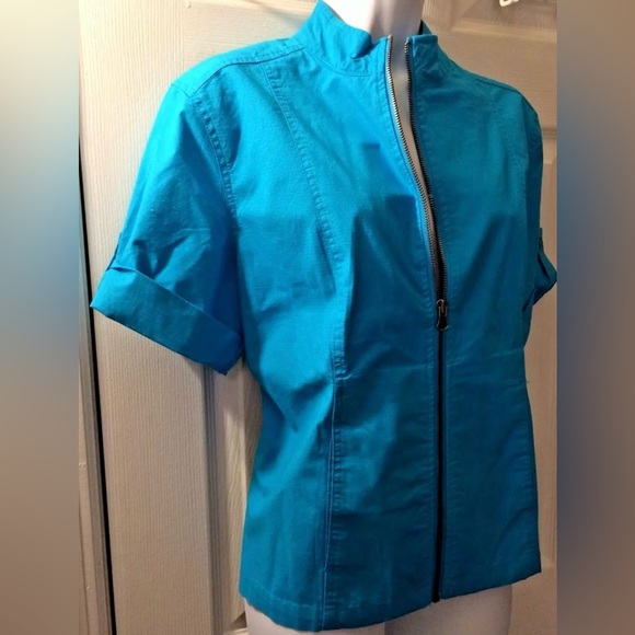 CHICO’S Regatta Cotton Seaway Aquarius Jack Coat Short Sleeve Turquoise Blue - Picture 2 of 8